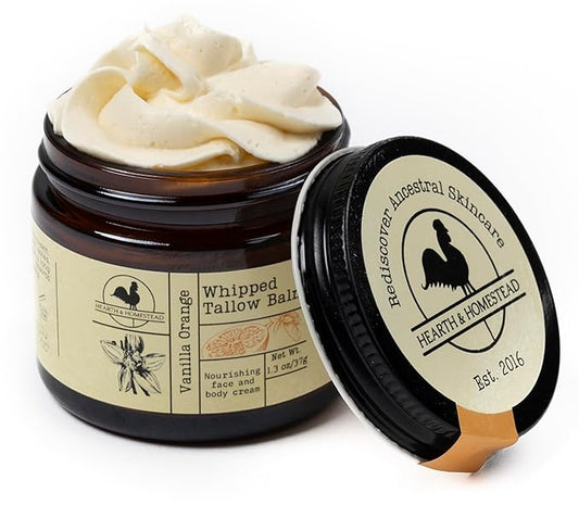 Hearth and Homestead: Handmade Whipped Tallow Balm (Vanilla Orange) - Organic Body Butter with Infused Olive Oil, for Eczema, Rosacea, Baby - 1.3 oz