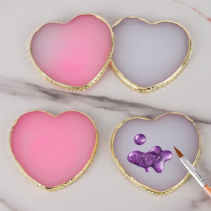 4 Pack Nail Art Palette, Resin Polish Color Design Makeup Mixing Plate, Heart Shape Mini Paint Palette for Nails - White, Pink