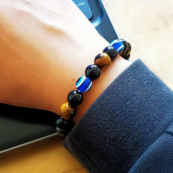 Evil Eye with Hematite Black Obsidian Tiger Eye Stone Triple Protection Bracelets for Men Women, Crystal Healing Stone Bracelet Bring Luck Prosperity and Happiness Jewelry