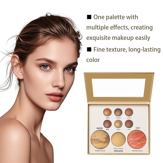 K'APEINE All in One Baked Makeup Palette, Dark Brown Eyeshadow, Blush Highlighter & Bronzer Face Kit Neutral Baked Powder Palette Hign Pigment Full Face Makeup Set with Matte Shimmer Finish for Women