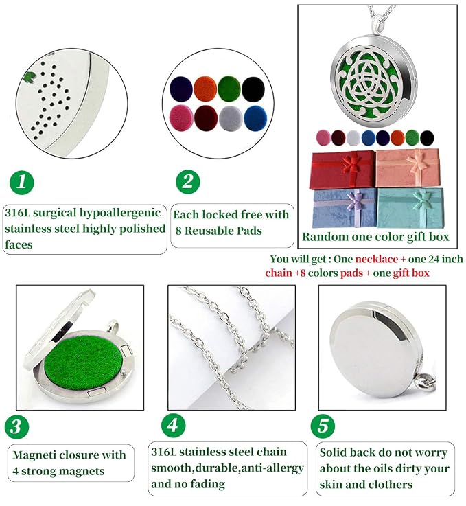 Premium Aromatherapy Essential Oil Diffuser Necklace,Celtic Tribal Totem Locket Pendant with 8 Pads + 24" Chain - 316L Stainless Steel Jewelry Gift for Birthday Christmas
