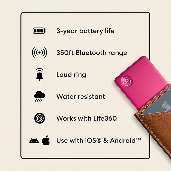 Life360 Tile Slim - Wallet Finder, Bluetooth Tracker and Item Locator for Luggage Tags, Passports and More. Both iOS and Android Compatible. Phone Finder. 1-Pack (Pink Punch)