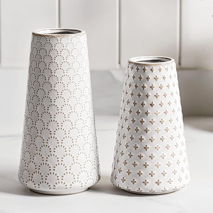 Ceramic Vase for Decor, 6 Inch+7.1 Inch White Flower Vase for Lego Flowers, Tulip and Pampas Grass, Embossed Farmhouse Vases for Centerpieces,Home Living Room Dining Table Office Decor, Arctic White