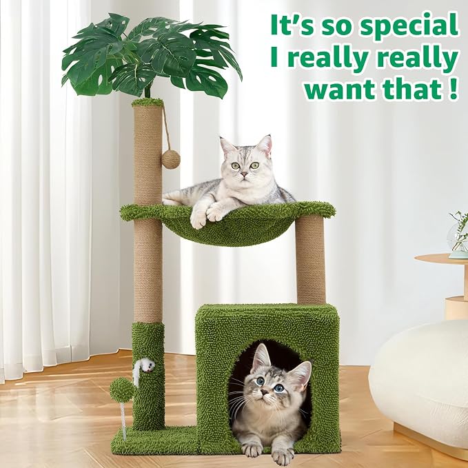 37" Small Cat Tree with Scratching Posts，Green Cat Scratcher Tower | Sisal Cat Scratcher,Cozy Hammock,Cat Condo,Interactive Cat Toys for Kittens