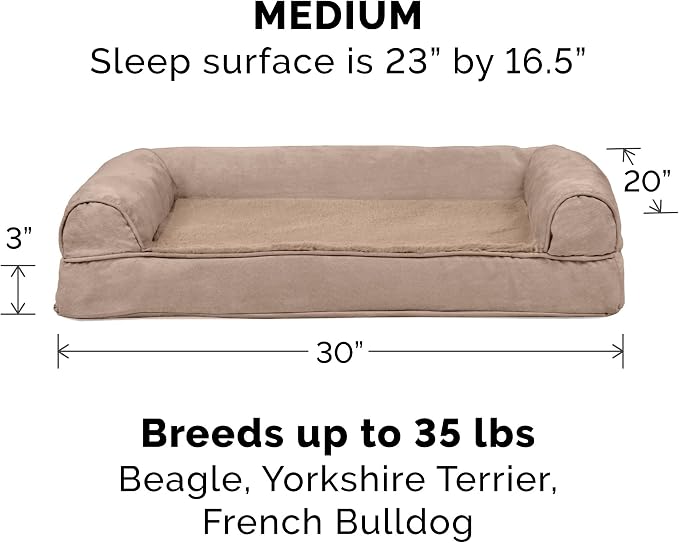 Furhaven Cooling Gel Dog Bed for Medium/Small Dogs w/ Removable Bolsters & Washable Cover, For Dogs Up to 35 lbs - Plush & Suede Sofa - Almondine, Medium