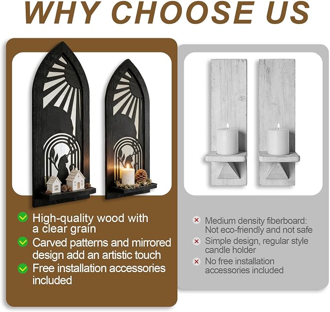 ZEXUIRU 2 Set Rustic Candle Sconces Living Room Bedroom Entryway Wood Mirrored, Farmhouse, Carved Frame Wall-Mount Wooden Candle Holders Wall Decor Hanging Handmade Holder - Black