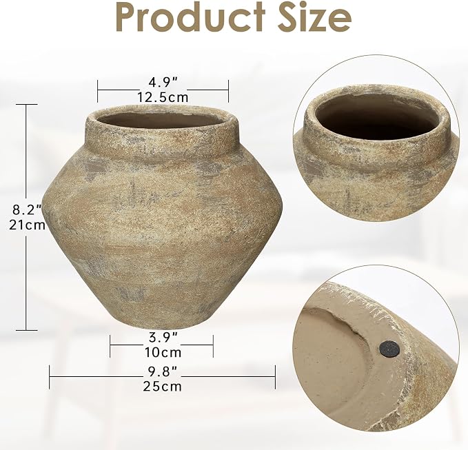 Briful Large Rustic Ceramic Vase with Distressed Finish, 8.2'' Tall Wide-Belly Decorative Flower Vases with Felt Pads, Retro Style Pottery for Home Decor, Table Centerpiece, Yellow Brown