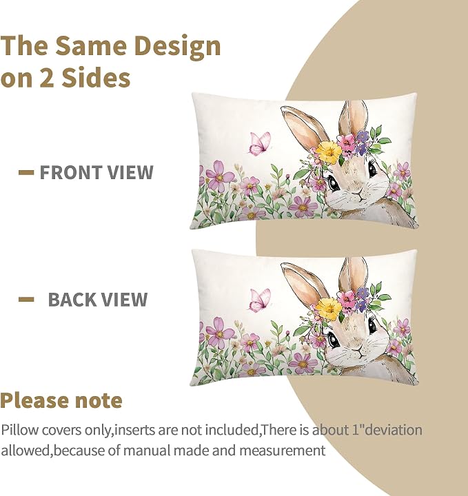 Spring Easter Bunny Lumbar Pillow Covers 12x20 Inch Set of 2 Pink Floral Leaf Rabbit Decorative Pillow Cases Outdoor Linen Square Cushion Cover Farmhouse Decor for Bedroom Home Sofa Couch Bed