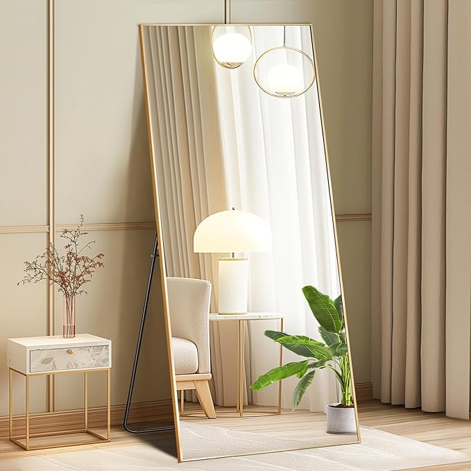 DUMOS 64"x21" Full Length Mirror with Stand, Full Body Floor Mirror | Free Standing or Wall Mount, Nano Glass Aluminum Frame, Hanging or Leaning, Modern Simple Home Decor, Gold