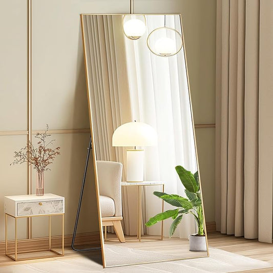 DUMOS 64"x21" Full Length Mirror with Stand, Full Body Floor Mirror | Free Standing or Wall Mount, Nano Glass Aluminum Frame, Hanging or Leaning, Modern Simple Home Decor, Gold