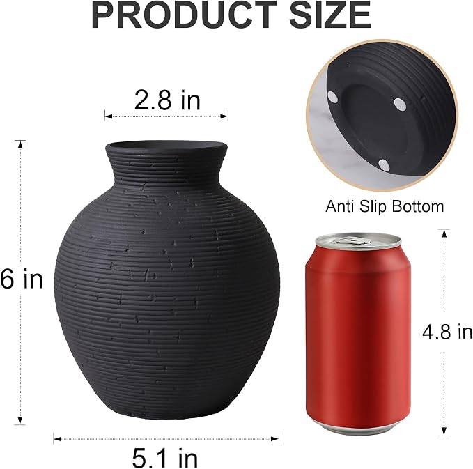 Ceramic Flower Vase Home Decor, 6 in Farmhouse Table Black Vases Rustic Vintage Living Room Kitchen Bedroom Decorations Pottery Decorative Vase for House Book Shelf Office Coffee Desk Dining Fireplace