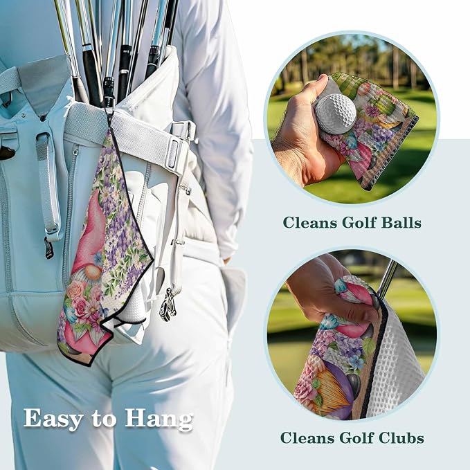 Blue Purple Gnomes Golf Towel with Clip, Spring Vintage Hydrangea Flower Leaf Large Microfiber Women Men Sports Work Out Disc Golf Bag Towel for Yoga, Gym, Fitness, Swimming Towels Accessory