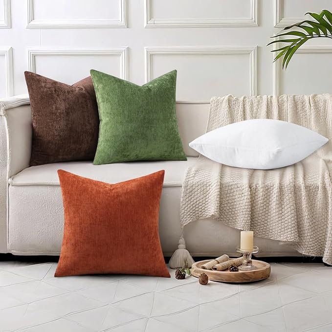 decorUhome Soft Chenille Olive Green Throw Pillow Covers 24X24 Set of 2 | Decorative Fall Couch Pillow Covers Solid Dyed Accent Modern Euro Sham Farmhouse Neutral Square Pillow Cases for Sofa