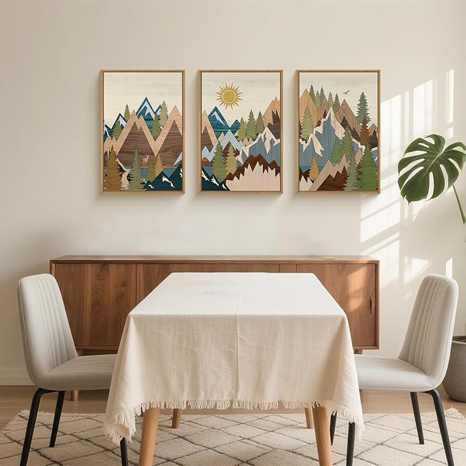 FWIEXA Large Mountain Woodcut Style Canvas Wall Art Set of 3, Sunrise Pine Tree Wall Decor, Forest Animal Painting, Farmhouse Nature Landscape Art, 24x36In Rustic Artwork for Living Room, Bedroom