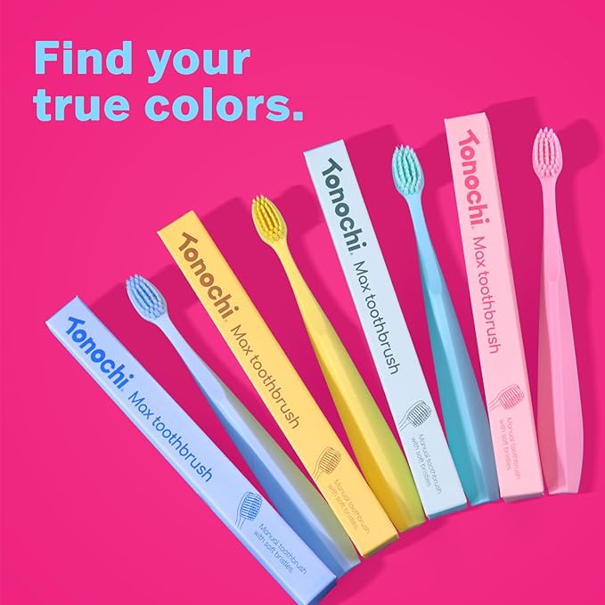 Tonochi Max Extra-Soft Toothbrush for Adults Sensitive Gums – Gentle Bristles, Wide Angled Head for Back Teeth, Ergonomic Non-Slip Grip, BPA-Free Handle, Individually Wrapped, 4-Pack(Blue)