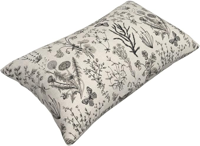 AEIOAE Spring Pillow Covers 12x20 Inch Set of 2,Black Gray Wild Flower Plant Throw Pillows Case,Seasonal Floral Outdoor Decorative Linen Farmhouse Decor Cushion Covers for Home Sofa Bed Couch