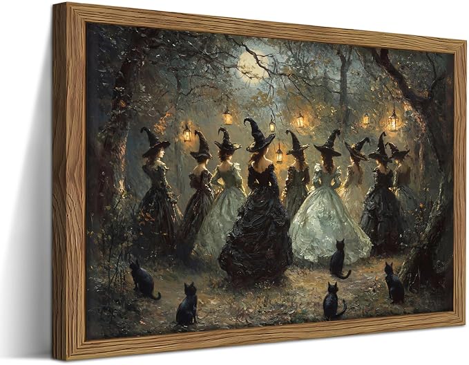 Framed Vintage Halloween Witches Wall Art, Dark Academia Gothic Black Cat Painting Canvas Prints, Halloween Wall Decor, Coven of Witches Dancing Scene Forest Poster for Living Room 12x16in