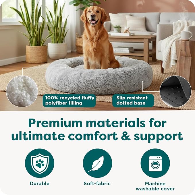 FurHaven 23" Calming Donut Dog Bed for Small Dogs & Cats, Round Plush Donut Design with Soft Filling for Snuggling Comfort, Removable Washable Cover, Small, Shaggy Faux Fur, Mist Gray