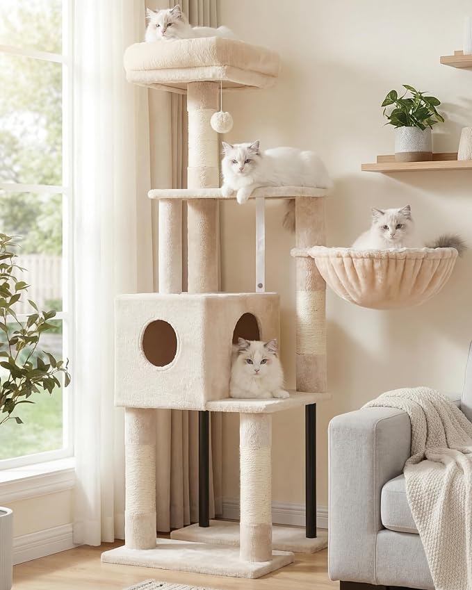 Heybly Cat Tree with Toy, 49.2 inch Cat Tower for Indoor Cats HCT200SM | Spacious Cat House Condo with Hidden Space，Soft Plush Top Perch，Cozy Hammock and Sisal Scratching Posts, Beige