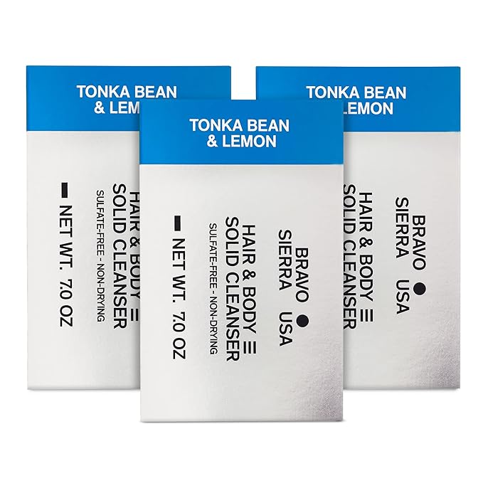 Bravo Sierra Tonka Bean & Lemon Body Bar, 3-Pack - All-In-One Multifunctional Cleanser with Coconut, Shea Butter & Oat Flour for Face, Hair, Body & Healthy Hair, 7 oz