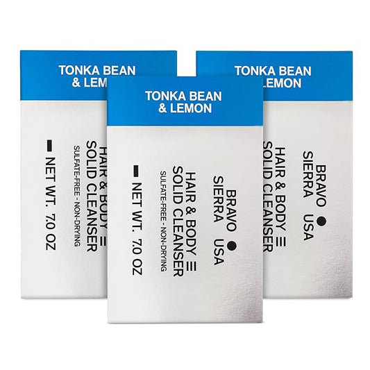 Bravo Sierra Tonka Bean & Lemon Body Bar, 3-Pack - All-In-One Multifunctional Cleanser with Coconut, Shea Butter & Oat Flour for Face, Hair, Body & Healthy Hair, 7 oz