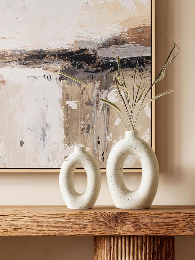 LE TAUCI Ceramic Vases Set of 2, Cream Hollow Donut Flower Vases, Nordic Boho Decor Decorative Centerpiece for Living Room, Table, Shelf, Mantel, Warm Ivory Speckled (H10.5”xW8.5”)
