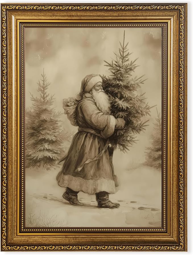 Fantasy Artists Christmas Framed Canvas Wall Art, Vintage Santa Claus Carrying Christmas Tree Gold Frame Print, Classic Holiday Wall Decor for Living Room Bedroom Entryway, Ready to Hang, 12" Wx16 H