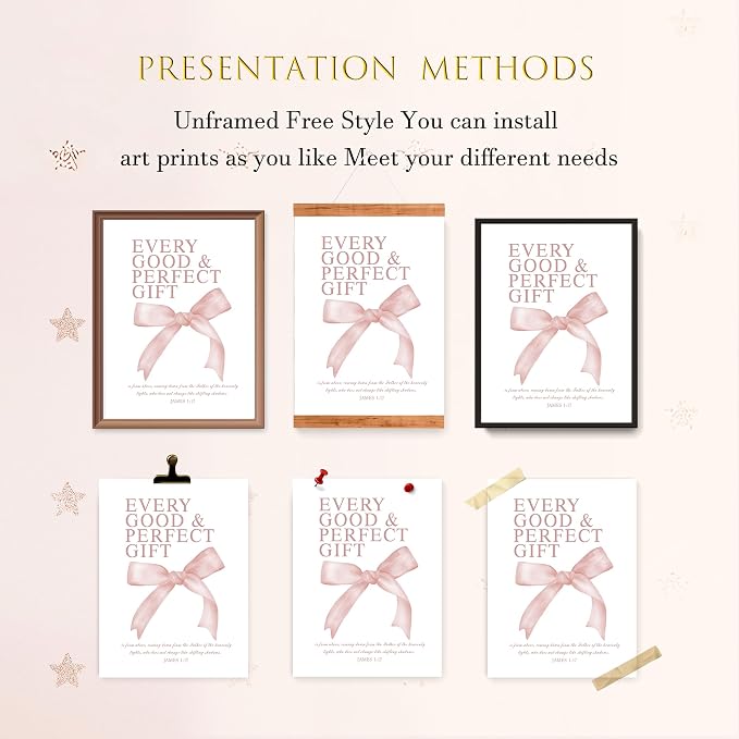 LARTSFRO Coquette Pink Bow Wall Art Decor Posters, Blush Pink Bow Room Bedroom Bathroom Dorm Wall Art Decor Aesthetic for College Teen Girls Gifts, Inspirational Bible Verses Bow Wall Decor, 12x16 Inch Set of 4 Pcs Bow Pictures (UNFRAMED)