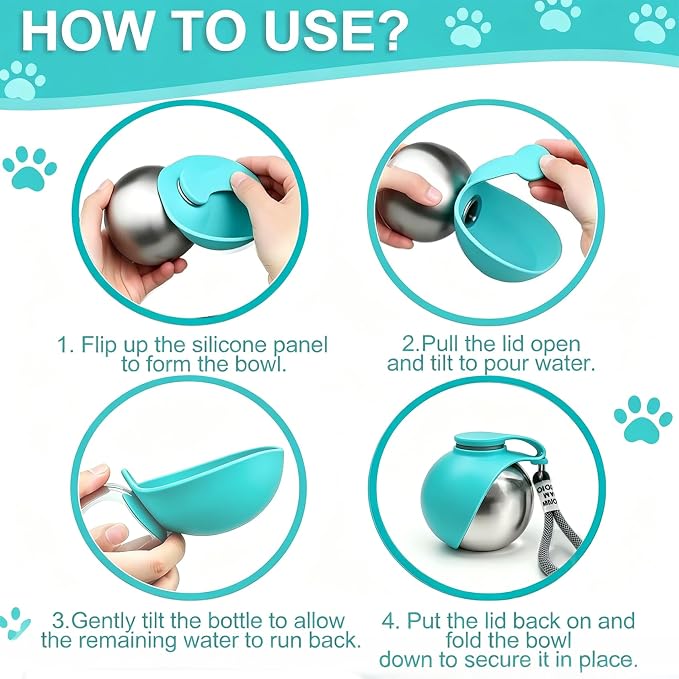 Dog Water Bottle Portable, 2in1 Round Dog Water Bowl Stainless Steel 10oz
