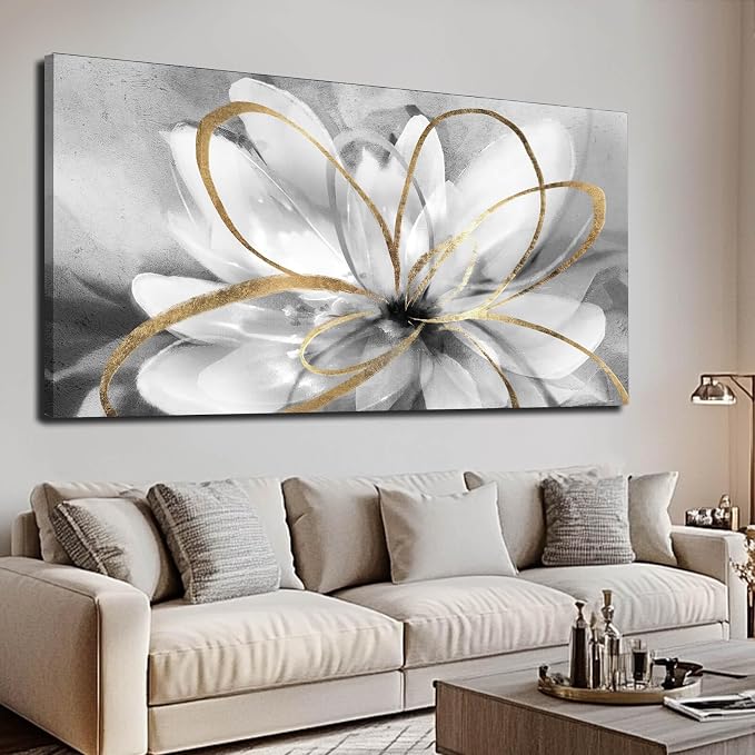SOUGUAN Large Canvas Wall Art White Flower Painting 30x60 Inch Black Art for Living Room Bedroom Office Home Wall Accents