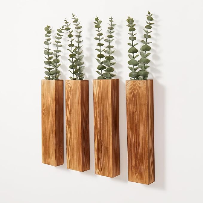 4 Pack Wood Wall Planters with 8 Faux Eucalyptus Stems for Wall Decor