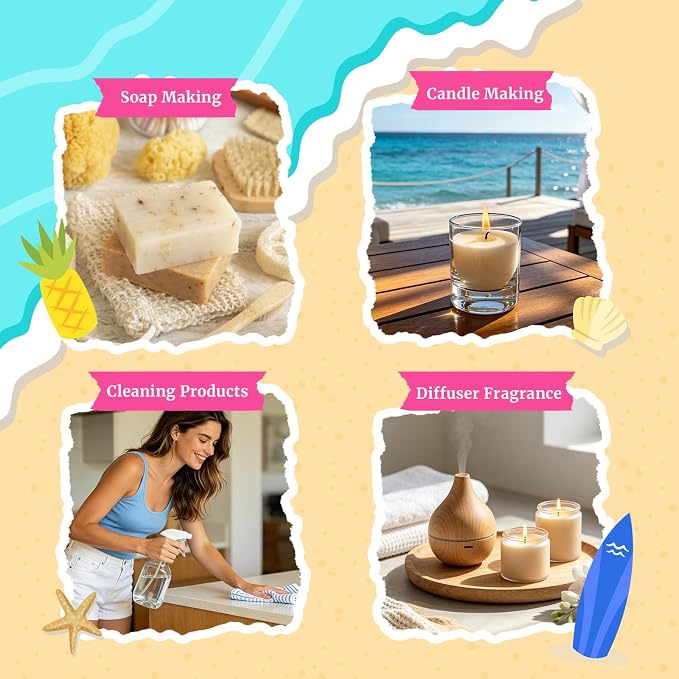 Beach Essential Oils, Aromtopia Diffuser Fragrance Oils Set, 6x10ml, Essential Oils for Diffusers for Home, Candle Soap Making Scents, Pink Beach, Ocean Drift, Coastal Breeze and More