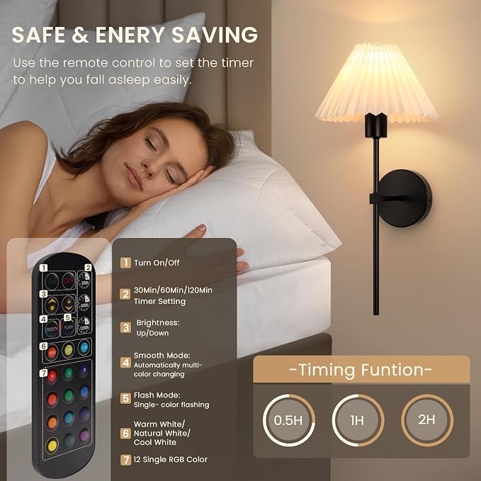Rechargeable Battery Operated Wall Sconces Sets of 2, 15 Colors Wireless Wall Sconce, Black Wall Lights Fixture with Dimmable Bulbs and Remote, Not Hardwired Wall Mounted Lamps for Bedroom Living Room