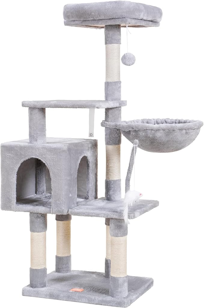Heybly Cat Tree with Toy, 43.3 inch Cat Tower for Indoor Cats HCT004W | Cat Condo with Durable Sisal Scratching Posts, Cat House with Padded Plush Perch, Cozy Hammock, Light Gray