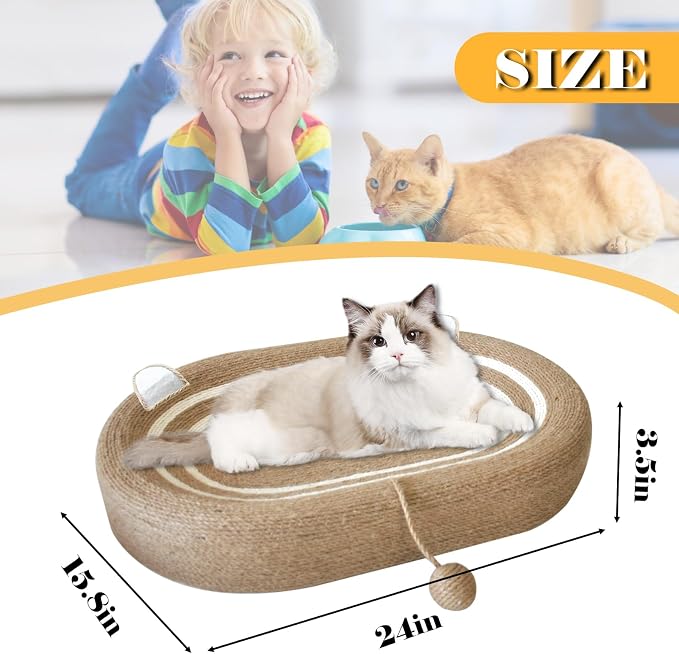 Cat Scratcher Bed 3 in 1 Sisal Cat Scratching Board for Indoor Oval Cat Scratch Pad Durable Scratching Lounge Bed Round Bowl with Toy Balls for Cats Kitten Puppy (24"x15.7"x3.5")