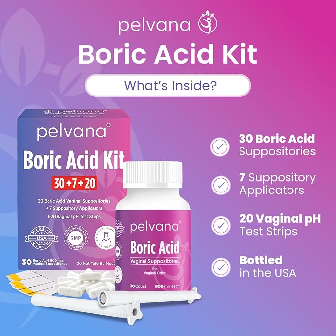 Pelvana Boric Acid Suppositories for Women - 30 Count + 7 Applicators + 20 pH Tests - 600mg Boric Acid Capsules for Vaginal Odor Use