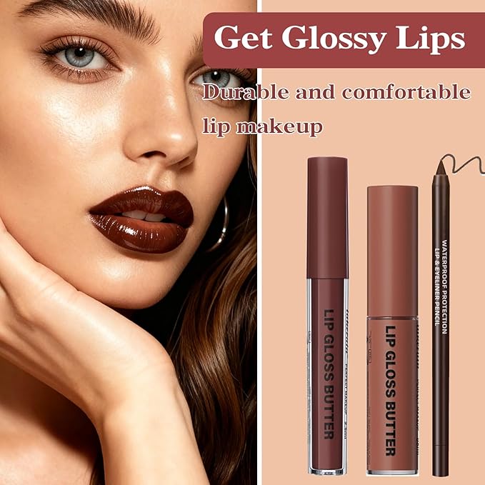 2 Colors Nourishing Lip Gloss & Liner Combo, Non-Sticky Lip Plumper with Natural Nude Tinted Lip Oil, Moisturizing Lightweight Lip Kit for Women, Long Wear Shiny Lip Gloss with Lip Liner Set