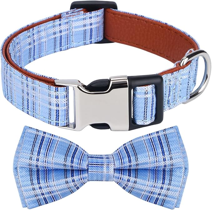 Dog Collar with Bow Tie for Girl or Boy Gift Soft Durable Bowtie Blue Tartan Plaid Large