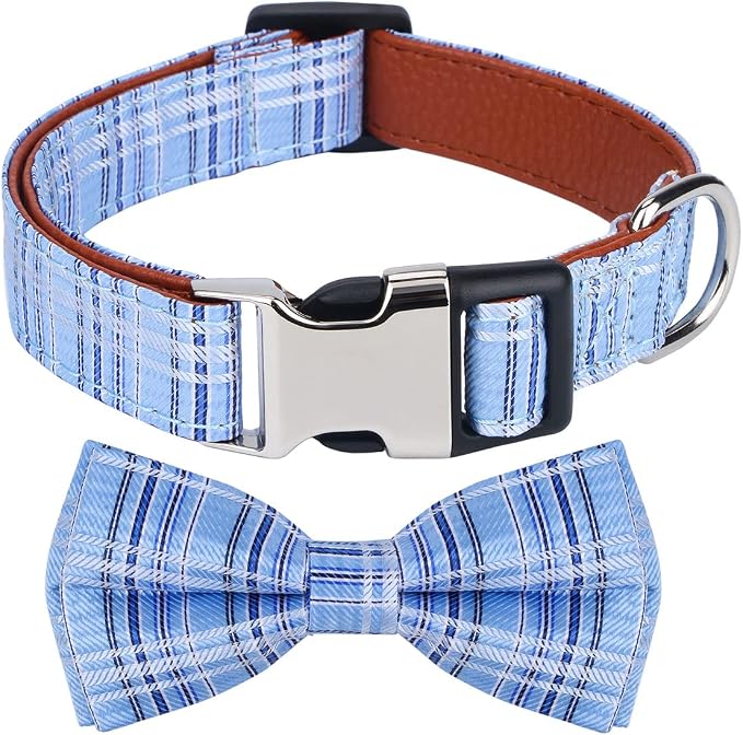 Dog Collar with Bow Tie for Girl or Boy Gift Soft Durable Bowtie Blue Tartan Plaid Medium