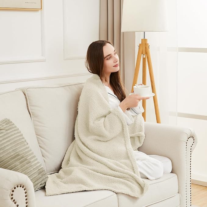 Super Soft Knit Throw Blanket Throw Size Beige - Lightweight Plush Fuzzy Fluffy Warm Cozy Blankets and Throws for Sofa Bed All Season Use, 50x60 inches