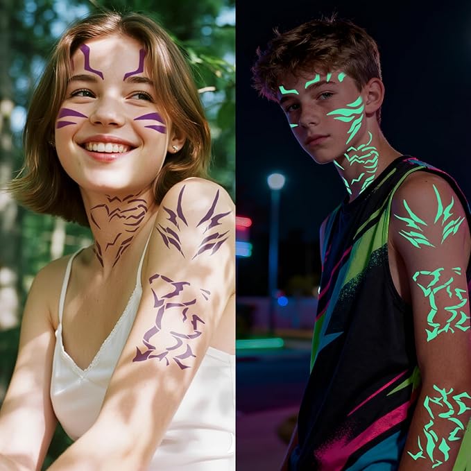 Temporary Tattoos For Men and Women - 12 Sheets Full Body Tattoos Stickers Waterproof Movie Cosplay Costume Accessories for Boys Girls Festival Party Rave Stage Makeup Decoration（Luminous）
