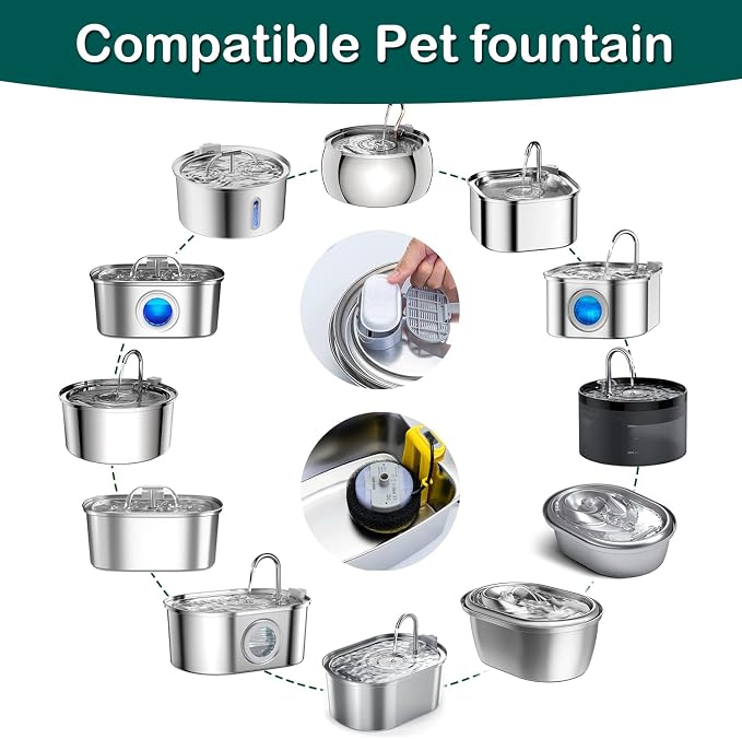 Cat Water Fountain Filter 16Pcs Fit 101oz/3L Stainless Steel Pet Fountain | Cat Fountain Replacement Filters for 67oz/2L, 108oz/3.2L Cat Water Fountains Pet Fountain Filters (8 Filters & 8 Sponges)