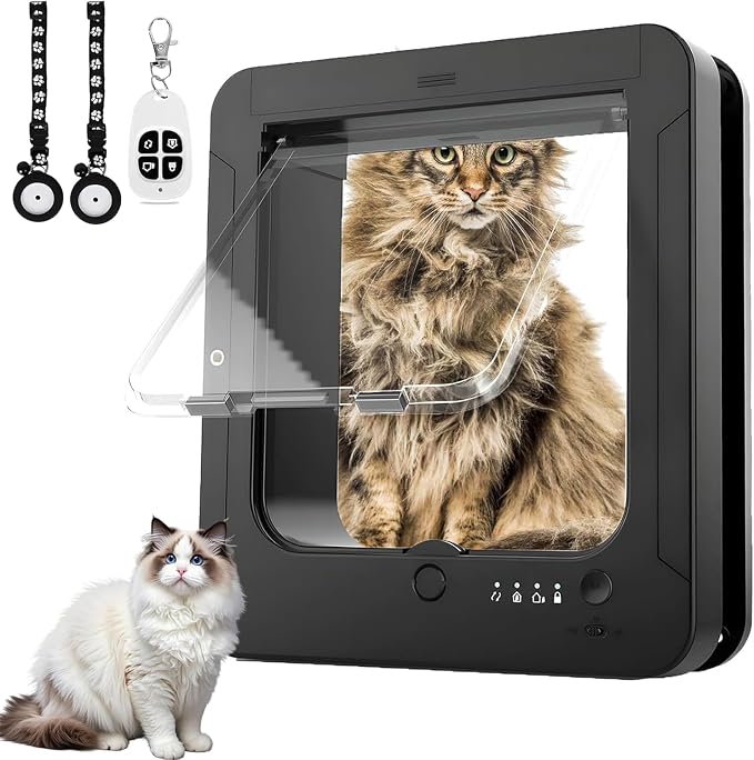 Microchip Cat Flap 11.5" x 10", Automatic RFID Pet Door with 2 Collar Sensors & Remote Control, 4-Way Locking Weatherproof Smart Cat Door for Small Dogs Black
