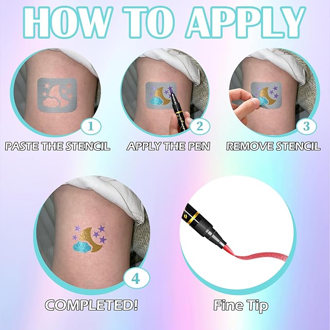 Temporary Tattoo Markers for Skin, 12 Metal Body Markers + 169 Large Tattoo Stencils for Kids Adults, Flexible Brush Tip, Bright Colors, Cosmetic-Grade Tattoo Ink, DIY Body Art Painting for Women Men