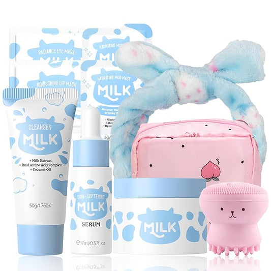 10 in 1 Gentle Milk Skincare for Girls 10-12, Kids Skin Care Set for Girls Ages 8-12, Milk Skincare Kit with Cleanser, Serum, Cream, Masks, Travel-Friendly & Hydrating Skincare for Teens & Kids 8-9
