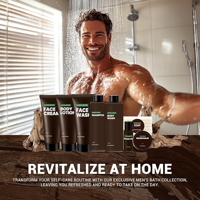 Rinse & Robust Gifts for Men 10Pcs Gift baskets for Men, Sandalwood Bath and Body Works Men Gifts for Birthday for Dad Boyfriend Husband Fathers Day Gifts Set