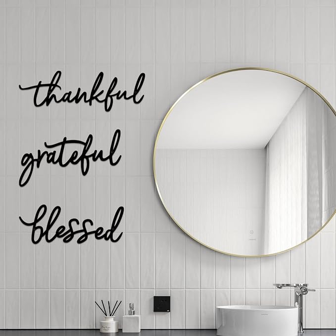 Thankful Grateful Blessed Letter Sign Metal Wall Decor, 3 Piece Black Letters Wall Art for Bathroom Bedroom Metal Words Wall Decor for Home Decor