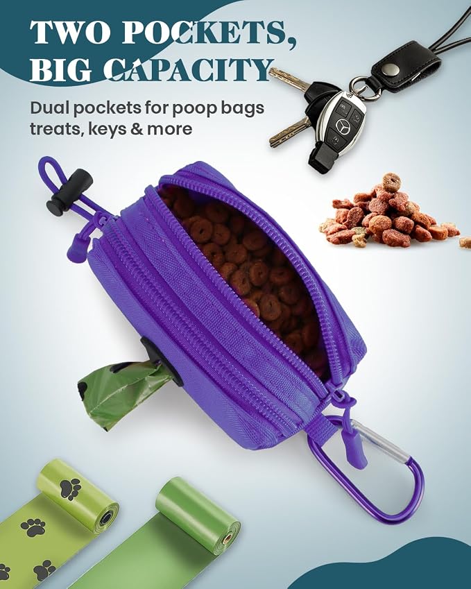 Dog Poop Bag Holder for Leashes, Purple Doggie Waste Bag Dispenser and Treat Holder, with Carabiner Hook and Poop Bag Clip, Used Waterproof Wear-Resistant Fabric and 2 Zippered Pouches for Walking