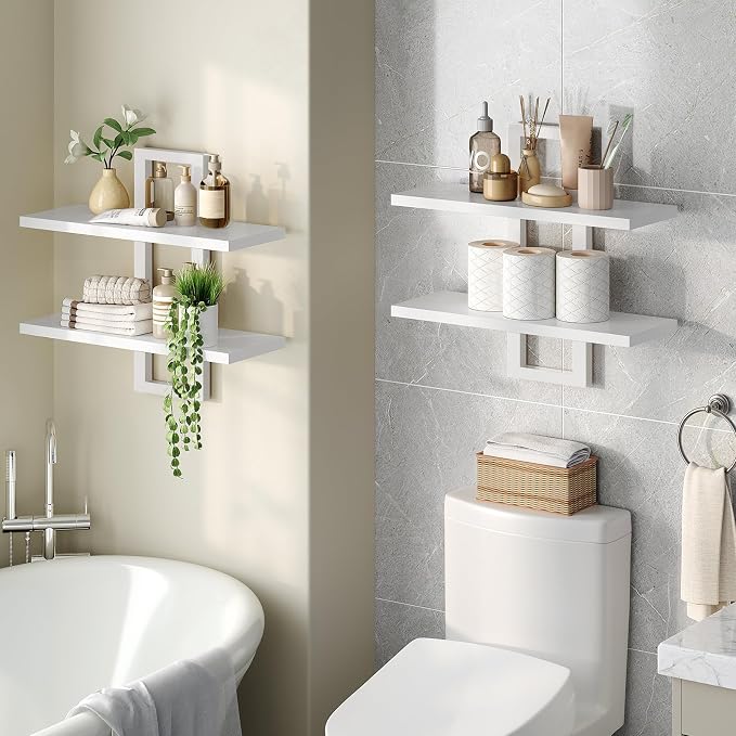 HOOBRO Floating Shelves, 15 Inch Wall Shelf Set of 2, Wall Mounted Storage Shelves 2-Tier, Hanging Bathroom Shelves, for Living Room, Bedroom, Bathroom, Kitchen, White WW32BJ01