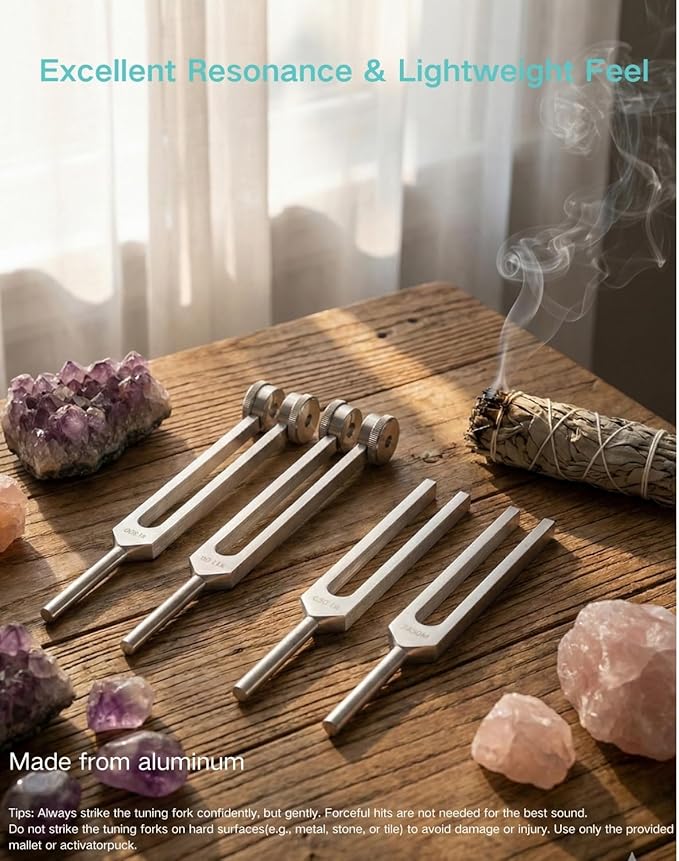 Tuning Forks for Healing Set - 128Hz, 136.1Hz, 256Hz, 384Hz for Stress Relief, Anxiety & Sleep, Healing Crystal Stone - Zen Tools, Mindfulness Yoga Accessories - Spiritual Gift